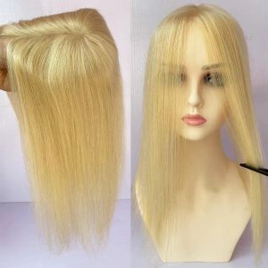 Toppers Lichte blonde menselijke haartopper met clips in haarstukje huid hoofdhuid Silktopsluiting Virgin Hair Toupee voor witte vrouwen kleur #613