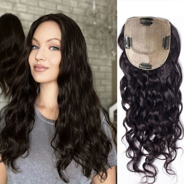 Toppers postiches ondulées lâches 15x16CM Base de peau en soie cheveux humains Topper cuir chevelu Clips supérieurs dans les cheveux toupet superposition douce