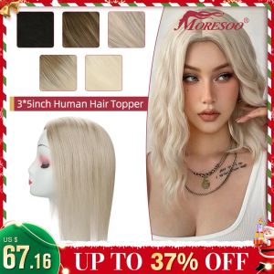 Toppers Moresoo Topper Hair Pieces pour femmes Human Hair Machine Remy Brazilian Hair Natural Straight Blonde # 60 3 * 5inch Clip dans Toupee