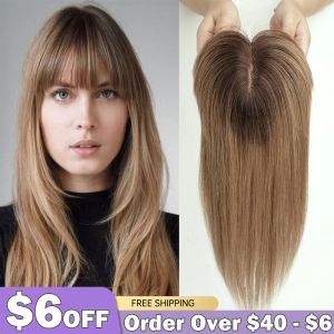 Toppers Perruque de cheveux 100 % cheveux humains Remy avec frange, densité 150 % avec base en soie à clipser pour femme