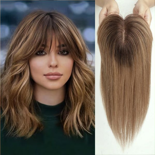 Toppers Extension de cheveux marron ombré avec frange 100 % soie humaine Remy avec extensions de cheveux clairsemées