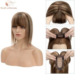 Toppers Rich Choices Adornos para el cabello para mujeres Adorno de cabello humano real con flequillo 150% de densidad 7 * 13 CM Base de seda Clip en piezas de cabello superiores