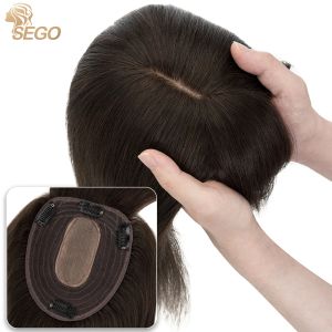 Toppers SEGO 13x15 cm Toppers de cheveux humains pour les femmes perruque de cheveux raides postiches naturelles avec frange 4 Clips dans les Extensions de cheveux