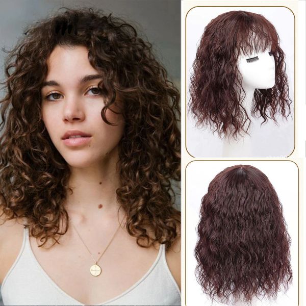 Toppers Short Bob Brown Cabello humano brasileño Kinky Curly Topper Base de piel de seda Tupé Extensión de cabello virgen con clips para mujeres negras