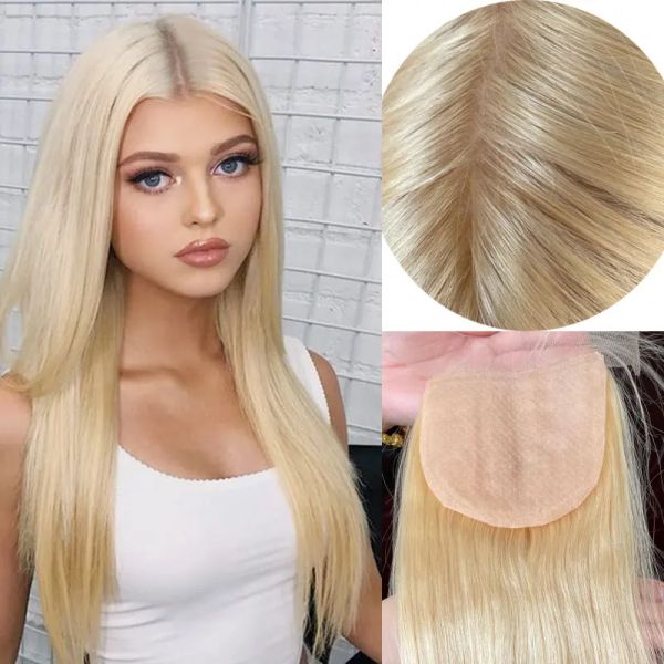 Toppers Top de seda Cierre de encaje de ceniza recta Base de seda rubia Cierre de cabello humano con cabello para bebés 4x4 Brasileño Virgen Human Hair 613#