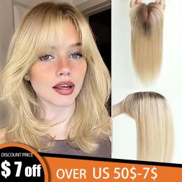 Toppers de cheveux humains Remy lisses avec frange, postiche toupet, base en soie à clipser, pour perte de cheveux, blond ombré pour femmes