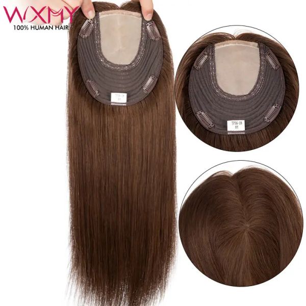 Toppers Straight Virgin Human Hair Toppers for Women 7x8 Juif Femmes Toupee Coiffures avec 4 clips extensions de cheveux en dentelle Pu Waft
