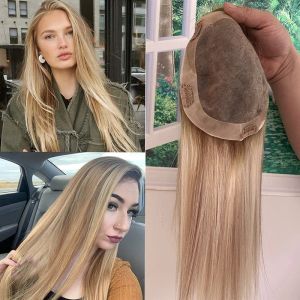 Toppers topper zachte zijdeachtige Europese maagdelijk menselijk haar mono -basis koosjer sheitels natuurlijk blonde highlights haarstukje voor witte topper