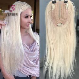 Toppers Vsr 9x13 #60 platinablonde menselijke haartopper voor vrouwen genaaid met drie clips onzichtbare handgebonden haarlijn haartoppers