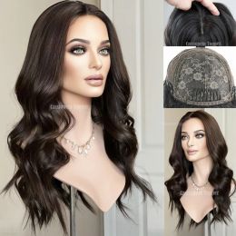 Toppers WAVY Joodse zijdebasis Wig Dark Brown Virgin Hair Europeaan onbewerkte natuurlijk haar 8x8 Silk Base Topper Joodse pruiken te koop