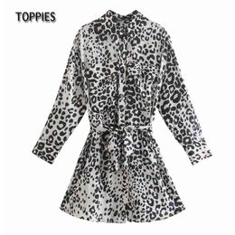 Toppies décontracté léopard chemise robe femme à lacets ceinture Mini robe femme à manches longues Blouses 210412