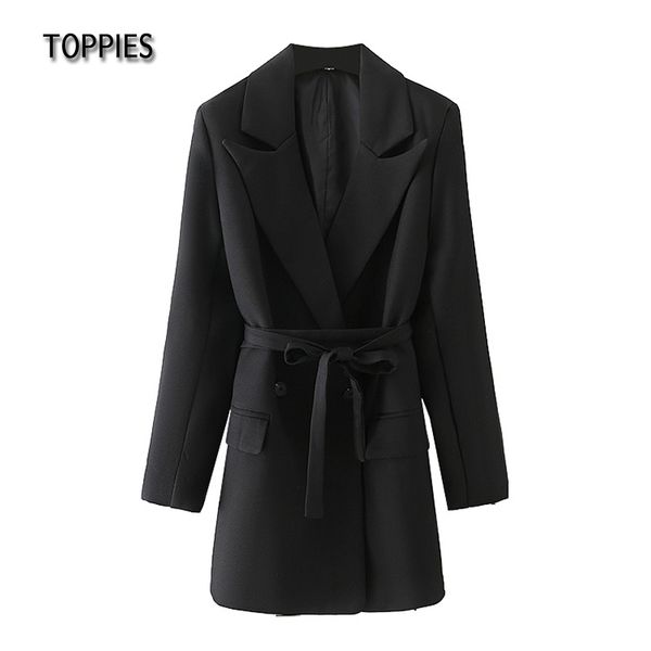 Toppies moda negro cinturón largo chaqueta Blazer mujer doble botonadura traje chaqueta abrigo mujer Blazer vestido 210412