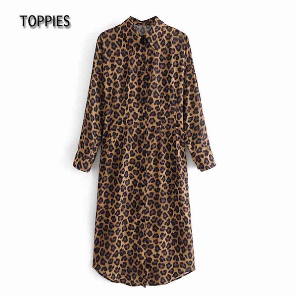 Toppies Mode Léopard Impression Robe Femme Robe Midi Robe À Manches Longues Tunique Col Rabattu Vêtements Féminins 210412