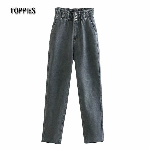 Toppies Gris Paperbag Denim Pantalon Femme Surlongueur Jeans Élastique Taille Haute Pantalon Streetwear 210412