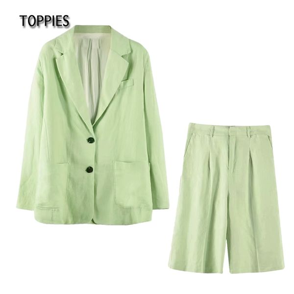 Toppies Green Linen Suit Set Summer Two Piece Set Femme Green Blazer High Taille Shorts Dames Loisirs Set 210412