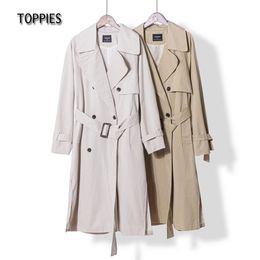 Toppies Long Trench Coat 100% algodón suelto de gran tamaño para mujer con cinturón de doble botonadura Lady Cloak Windbreaker 210820