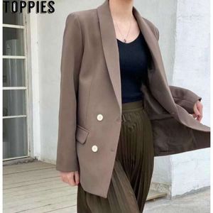 Toppies Lente Dubbele Breasted Lange Blazer Koreaanse Chique Suit Jassen Dames Formele Zakelijke Kleding 210927