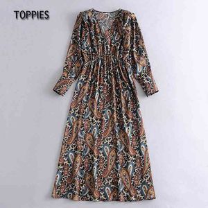 Toppies Primavera Paisley Stampa Maxi Abiti Bohemian Abiti lunghi Donna Manica lunga con scollo a V A-line vestidos 210412