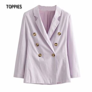 Toppies Été Coton Lin Blazer Femmes Mince Costume Veste Double Boutonnage Dames Loisirs Blazer Violet 210412