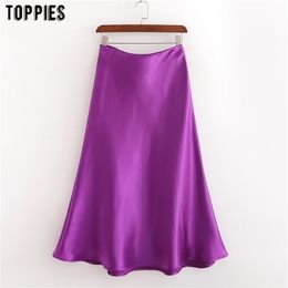 Toppies verano faldas de satén púrpura para mujer una línea de faldas midi cintura alta color sólido streetwear 210310