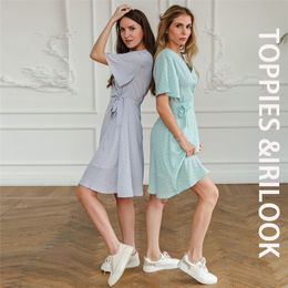 Toppies, camisas de manga corta de verano, vestido con estampado de lunares para mujer, cuello en V, cinturón con cordones, vestido 210623