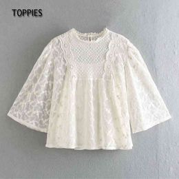 Toppies Sommer-Damen-Spitzenblusen, sexy, modisches besticktes Hemd, weiße Tops, koreanischer Stil, 210412