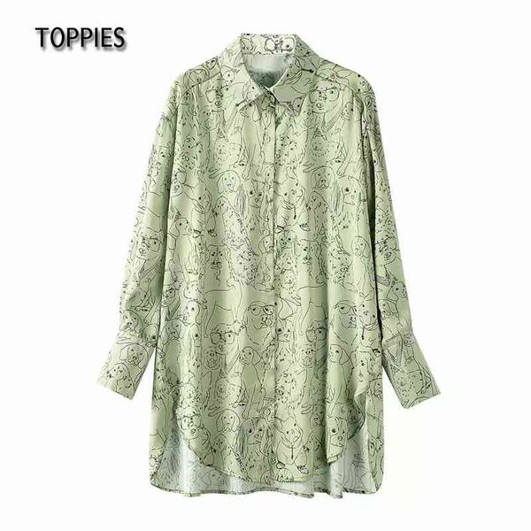 Toppies Sweet Cute Dog Impression Chemises longues Femmes Tops surdimensionnés Blouses Graffiti Chemises Vêtements de mode féminine 210412