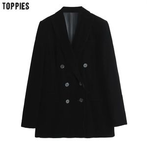 Toppies Vintage Black Velvet Veste Blazer Bureau Dames Costume Veste Double Boutonnage Femme Outwear 210412