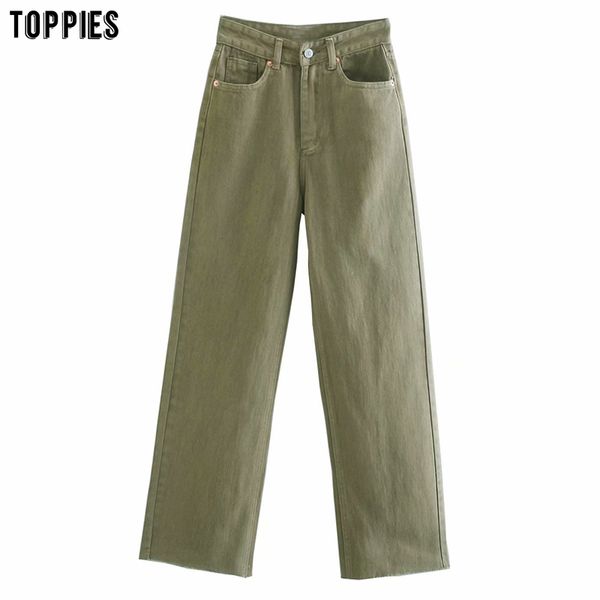 Toppies Vintage Jeans Femme Taille Haute Ripped Denim Pantalon Armée Pantalon Vert Mode Streetwear 210412