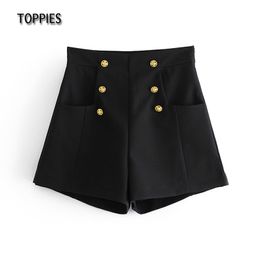 Toppies Mujer Bermudas Shorts Botón delantero Pantalones cortos de cintura alta Pantalones negros Cremallera Streetwear Pierna ancha 210412