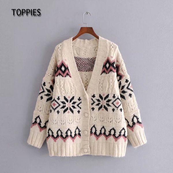 Toppies Femme Jacquard Veste Cardigan Lâche Surdimensionné Géométrique Pull Simple Poitrine Vintage Tricoté Caot Boho Style 210412