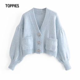 Toppies Mujer Cardigan de punto Chaqueta Linterna Manga Suéter con cuello en V Botón Suéter Abrigo con bolsillos 210412