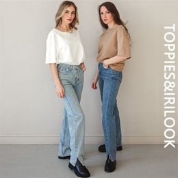 Toppies Woman Long Jeans 115 cm Hoge Taille Levergrenth Side Split Denim Broek Vrouwelijke Broek 210922