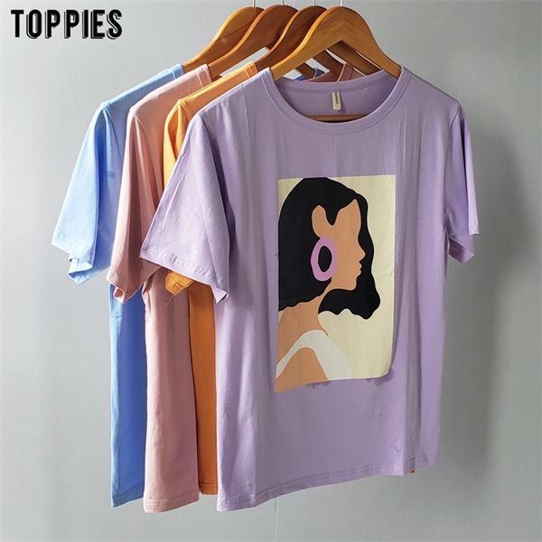 Toppies Femmes T-shirts graphiques d'été coton T-shirts femmes blanc beige manches courtes tops filles de mode coréenne tops 95 coton LJ200814