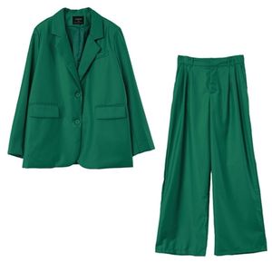 Toppies Dames Tweedelige Set Groen Pak Office Lady Single Button Blazer Hoge Taille Lange Broek Suits 220315