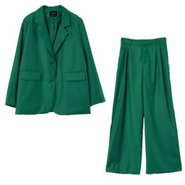 Toppies Vrouwen Tweedelig Set Groen Pak Set Office Lady Single Button Blazer Hoge Taille Lange Broek Suits 211221
