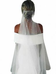 Topqueen Elegant Pearls Veil Bridal Soft 1 Tier Beded Wedding Veil for Bride Simple Cathedral Longueur Veils avec peigne V180 M10D # #