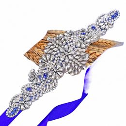 Topqueen Luxury Jewel Belt Shiny Ridestes Blue Stes Bride Wedding Dr. Damesadrukkingen Jurk Appliques S487 31Uy#