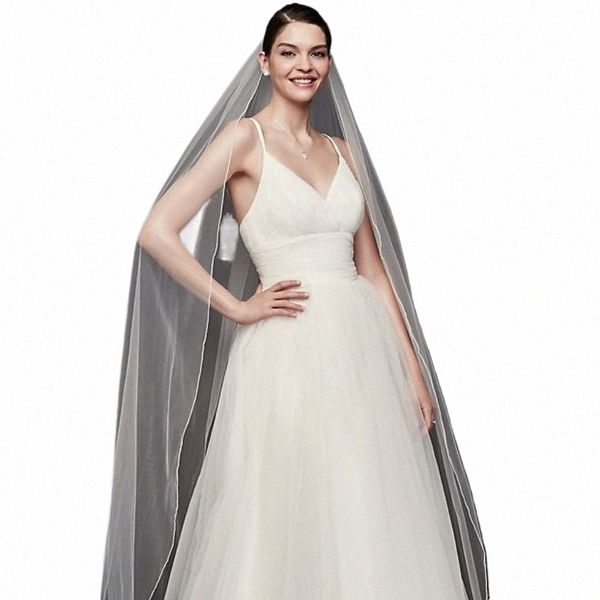 Topqueen V14 Voile de mariage Lg Voile de tulle doux avec bordure de cordon Soutache Voile de mariée doux à un seul niveau avec bord crayon blanc f5PL #