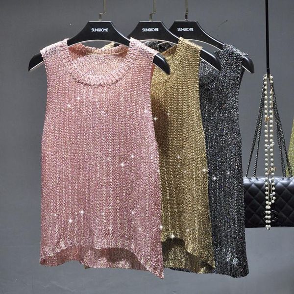 Tops 2020 été Sexy col rond brillant or débardeurs femmes argent paillettes tricoté débardeurs femmes lâche bling bling paillettes gilet hauts