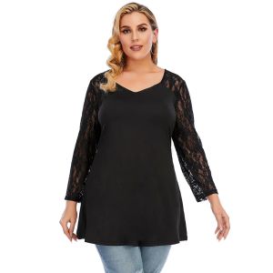 Tops 2021 Tshirts féminins Plus taille 4xl 5xl Femme V Neck Lace Sleeve Casual Tops Black Stretch Oversized Tshirt Vêtements