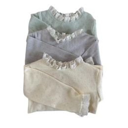 Tops 2024 Spring Candy Color Tops Hollowout LaceUp Collars Subshirt Girls Baby Lace Manges Camisa de algodón de algodón