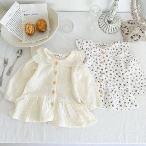 Tops Autumn Baby Girl Blouse Fashion Organic Cotton Doll Collar Longsleved Shirt Infant Floral Ruffle Muslin Blouses Top Kleding