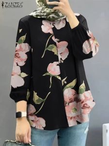 Tops Bohemian Bloemen Gedrukt Shirt Vrouwen Revers Hals Lange Mouw Blouse ZANZEA Dubai Turkije Abaya Hijab Blusas Moslim Tops Islamitische