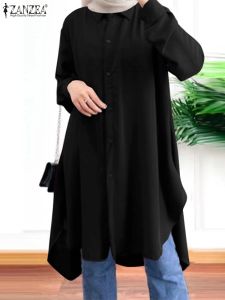 Tops Dubaï Abaya Eid caftan turc pleine Slleve solide longue chemise musulman hauts pour les femmes ZANZEA 2023 revers cou Blouse Isamic vêtements