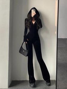 Hauts à la mode en velours noir, Slim, capuche, fermeture éclair, manches longues, pantalon évasé, combinaison barboteuse coréenne Sexy, 240112