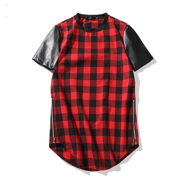 Tops moda PU cuero empalme manga hombres verano Casual marca ropa empalmada Plaid camiseta hombres cremallera arco extendido dobladillo 210716