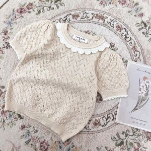 Tops de style coréen printemps automne enfants tricot à tricotage tops tops manches courtes couleurs solides bébé filles enfants