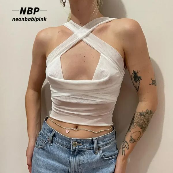 Tops NEONBABIPINK Y2K Sexy Summer Tops pour femmes vêtements Blanc Black Mesh Voir à travers un crop top sans licolon N85ai10