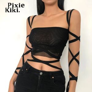 Tops Pixiekiki Black Mesh Lace Up Bandage Crop Top Fairy Grunge Aesthetic Vêtements Cyber Y2K Mall Goth Tanks Sexy Clothing P94BZ14